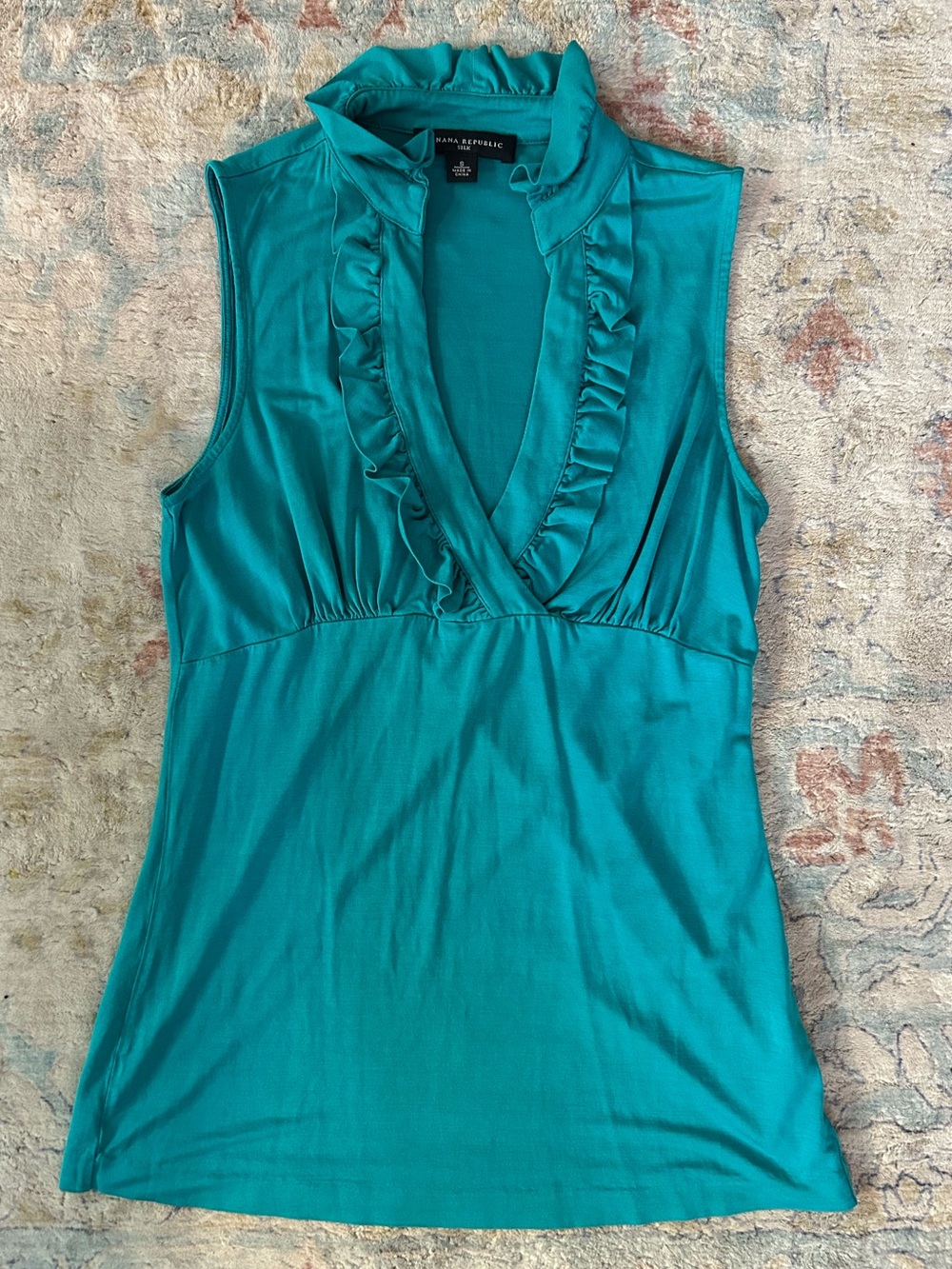 Banana Republic Teal Ruffle V-Neck Sleeveless Silk Top